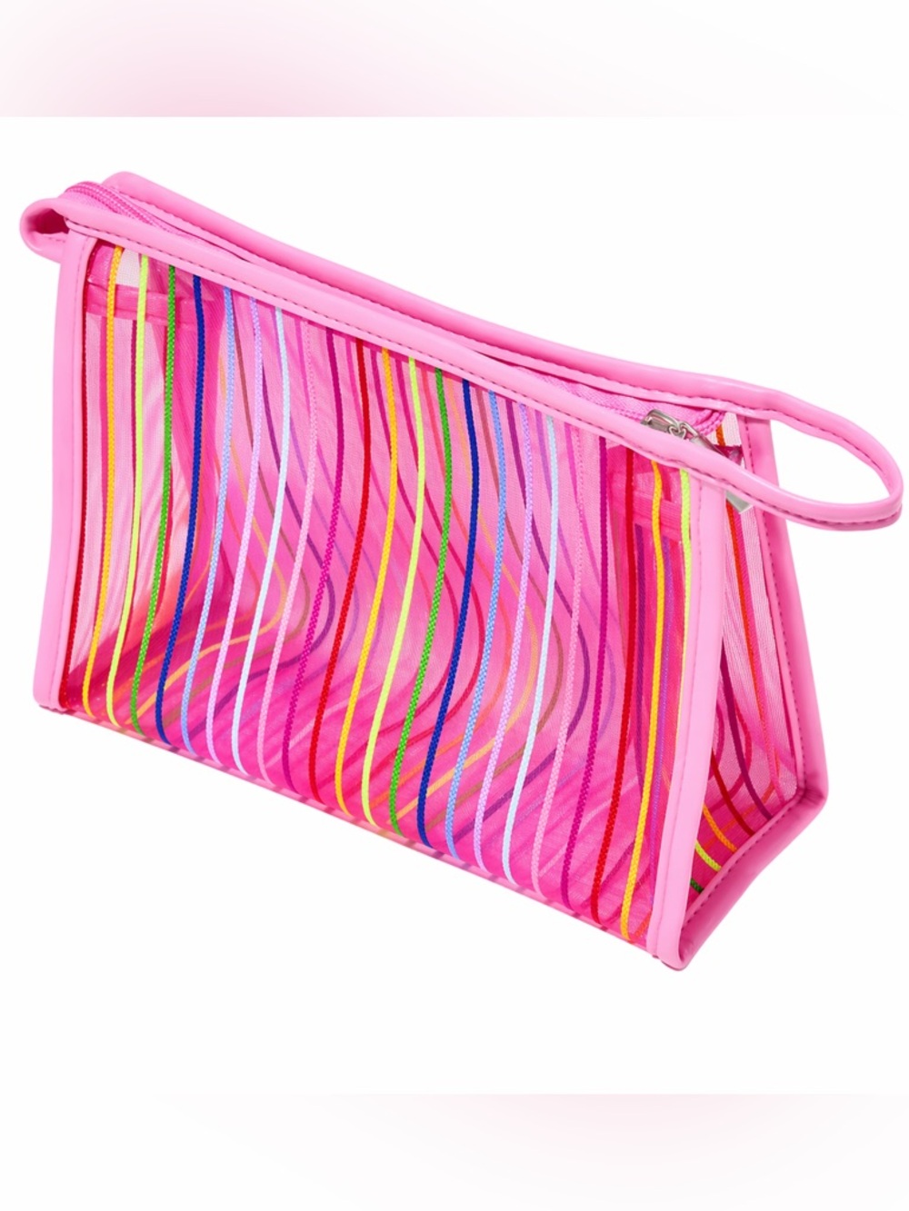 Ulta beauty pink striped rainbow mesh see through cosmetic pouch